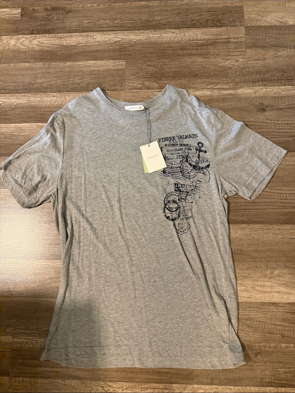 Pierre Balmain Light Gray Graphic Crewneck Tee with Navy Print
